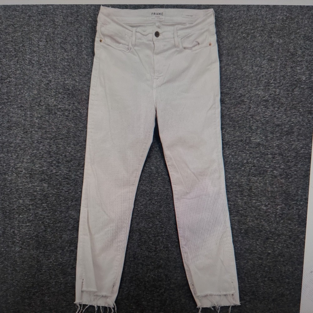 Frame Women Cotton Corduroy Jeans 31 White Coastal Le High Straight Frayed Hem
